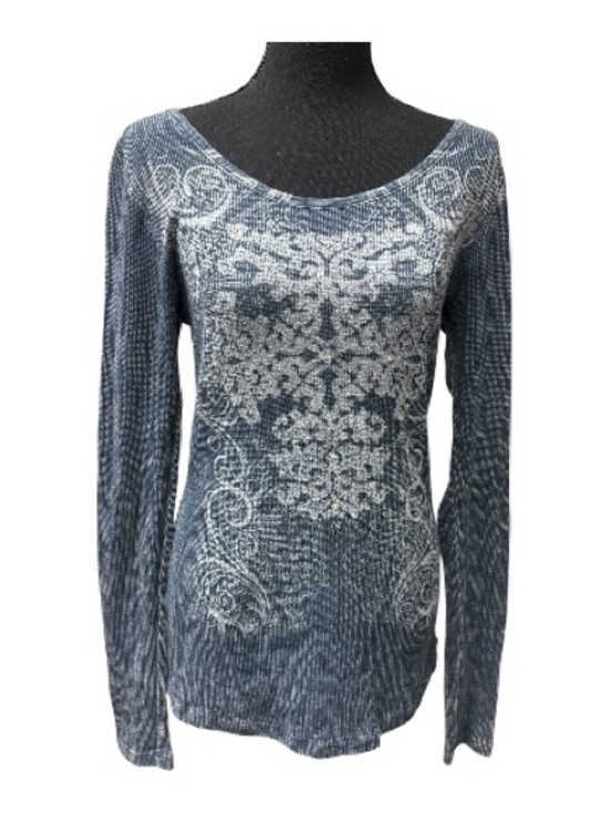 Daytrip Tops - Daytrip Blue Thermal Top Lace Back Rhinestone Long Sleeve Boho Medium